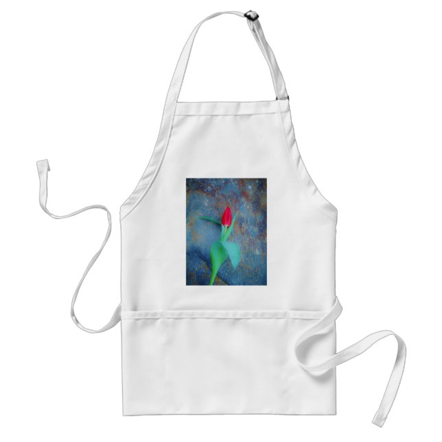 Red Tulip on Blue Grey Slate Adult Apron (Front)