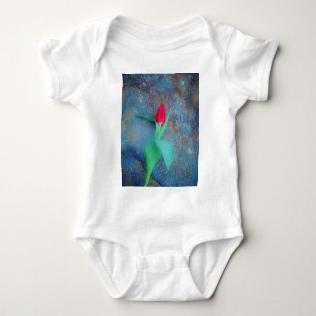 Red Tulip on Blue Grey Slate Baby Bodysuit (Front)