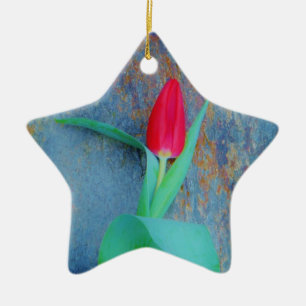 Red Tulip on Blue Grey Slate Ceramic Ornament