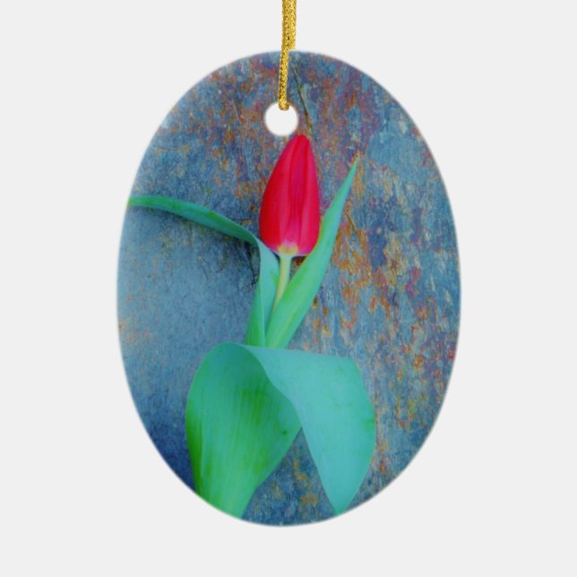 Red Tulip on Blue Grey Slate Ceramic Ornament (Front)