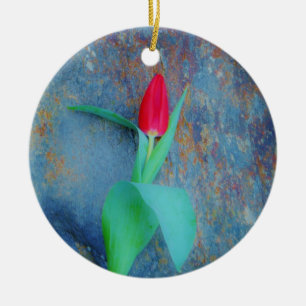 Red Tulip on Blue Grey Slate Ceramic Ornament