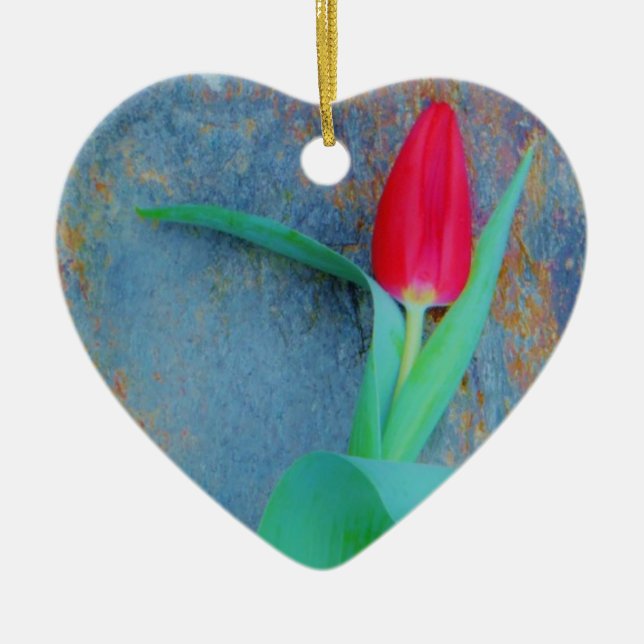 Red Tulip on Blue Grey Slate Ceramic Ornament (Front)