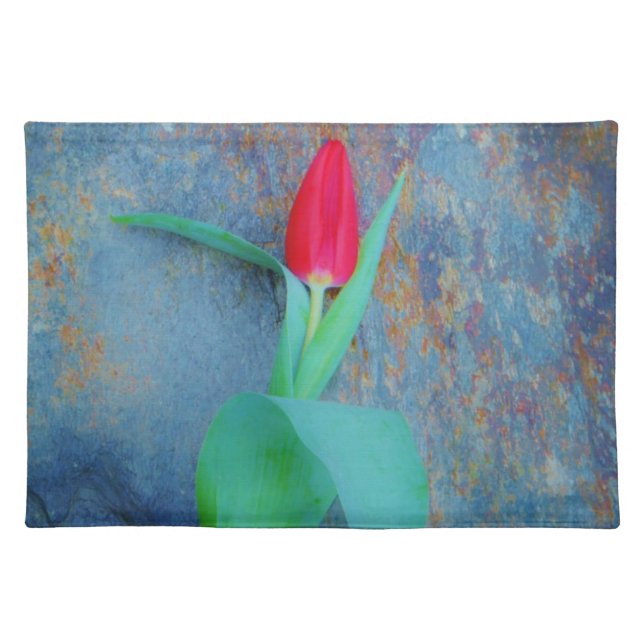 Red Tulip on Blue Grey Slate Cloth Placemat (Front)