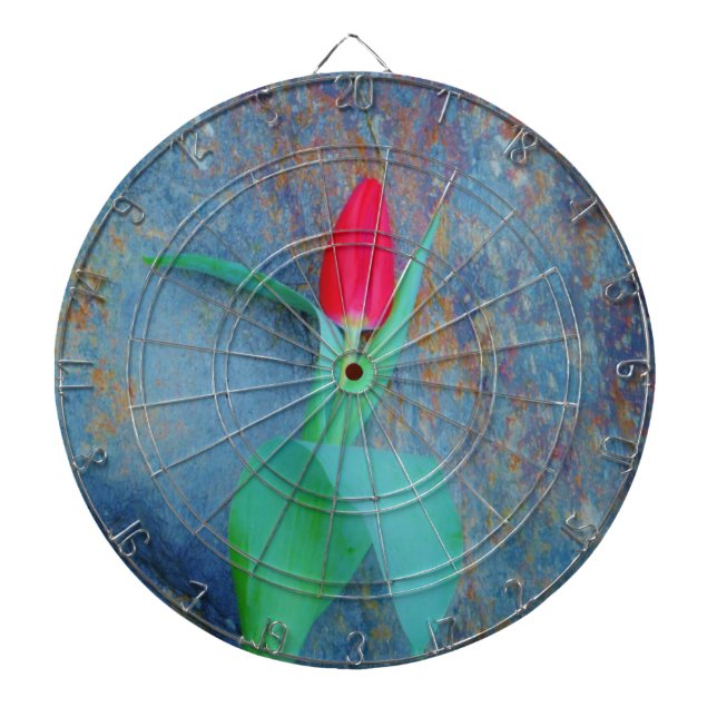 Red Tulip on Blue Grey Slate Dartboard With Darts (Front)