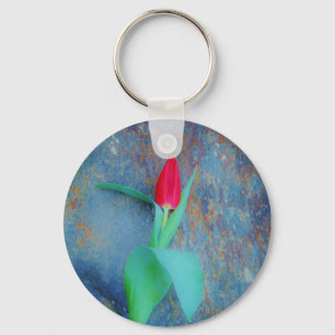 Red Tulip on Blue Grey Slate Keychain