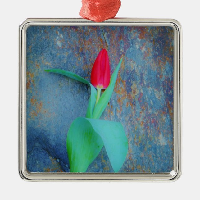 Red Tulip on Blue Grey Slate Metal Ornament (Front)