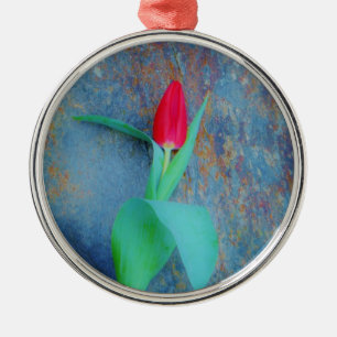 Red Tulip on Blue Grey Slate Metal Ornament