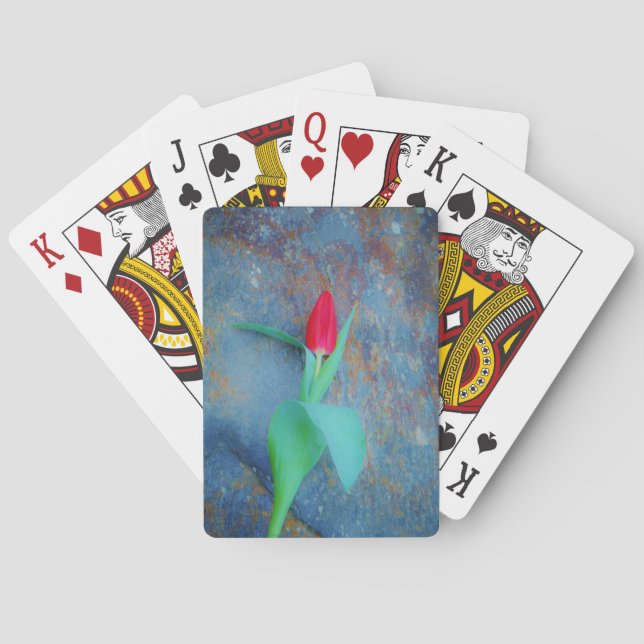 Red Tulip on Blue Grey Slate Poker Cards (Back)