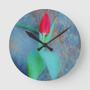 Red Tulip on Blue Grey Slate Round Clock