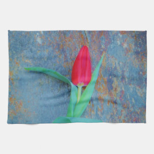 Red Tulip on Blue Grey Slate Towel