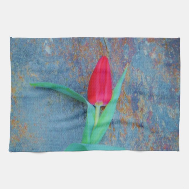 Red Tulip on Blue Grey Slate Towel (Horizontal)