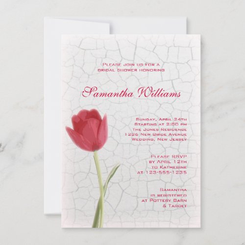 Red Tulip on Crackle Paint Bridal Shower Custom Announcement