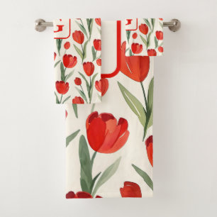 Red tulip pattern personalized monogram bath towel set