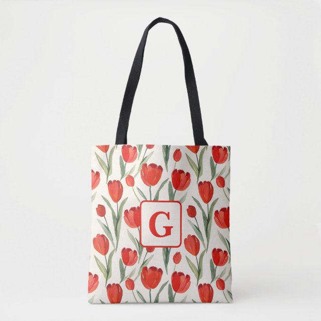 Red tulip pattern personalized monogram tote bag (Front)