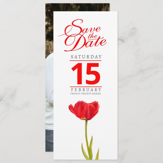 Red tulip photo wedding save the date (Front/Back)