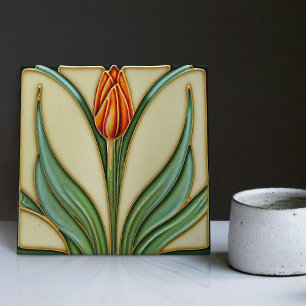 Red Tulip Wall Decor Art Nouveau Art Deco Ceramic Tile