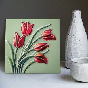 Red Tulip Wall Decor Art Nouveau Art Deco Ceramic Tile