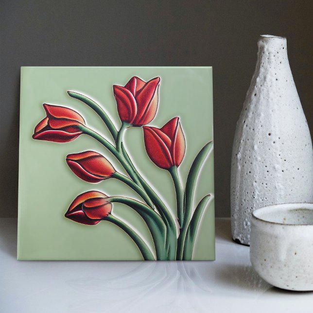 Red Tulip Wall Decor Art Nouveau Art Deco Ceramic  Tile (Creator Uploaded)