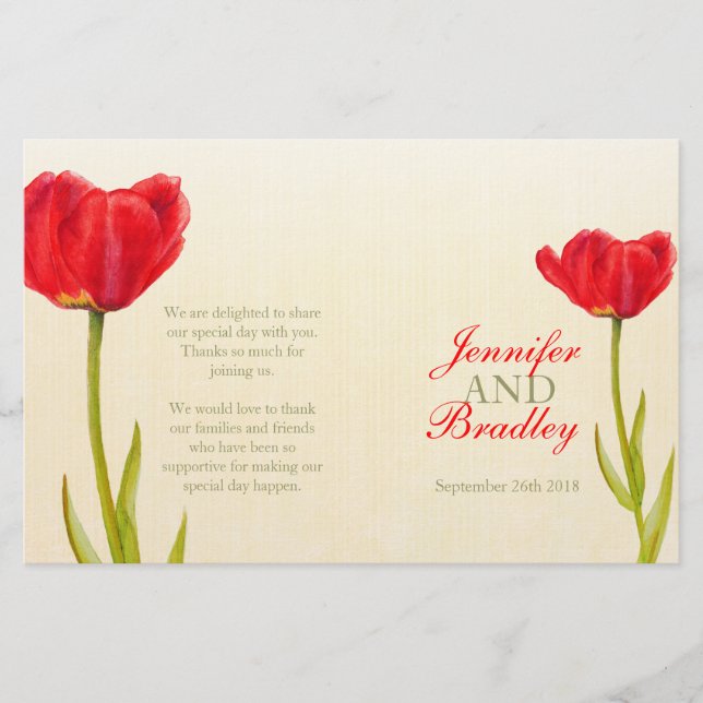 Red tulip watercolor art wedding programme (Front)
