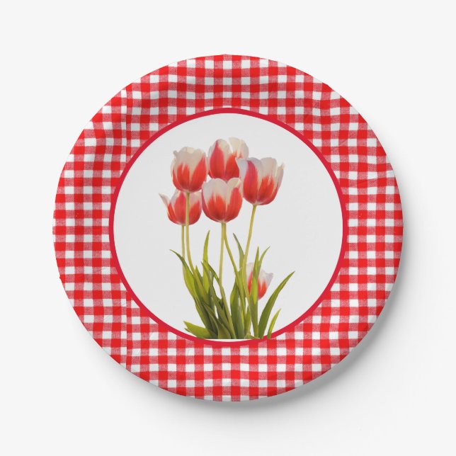  Red Tulip with Gingham  Paper Plates (Front)