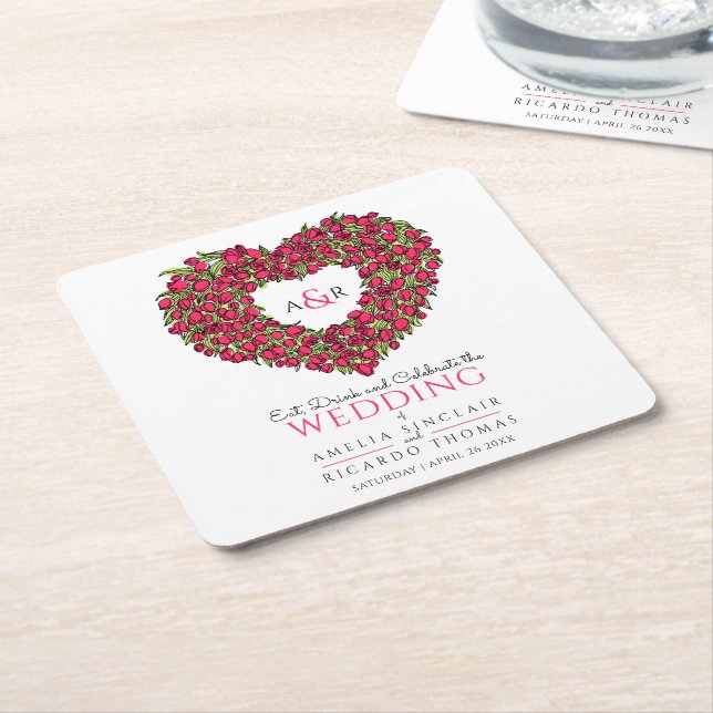 Red tulip wreath ink drawing monogram wedding square paper coaster (Angled)