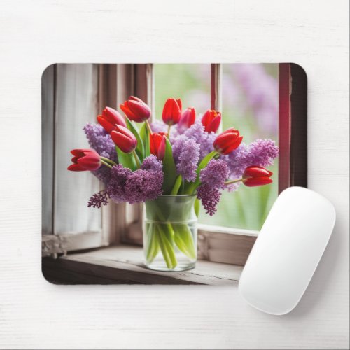 Red Tulips and Lilac Bouquet Mouse Pad