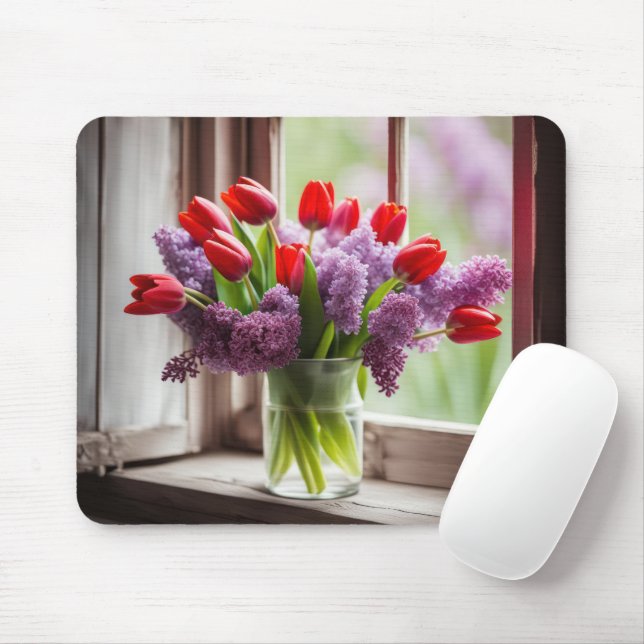 Red Tulips and Lilac Bouquet Mouse Pad (With Mouse)
