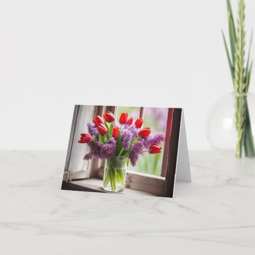 Red Tulips and Lilac Bouquet Note Card