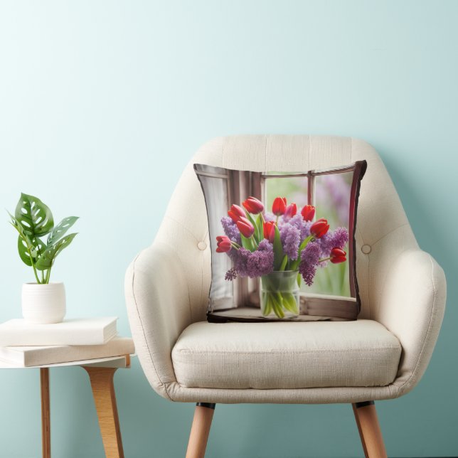 Red Tulips and Lilac Bouquet Throw Pillow (Chair)