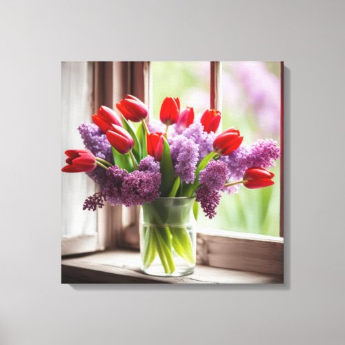 Red Tulips and Lilacs In Window Canvas Print