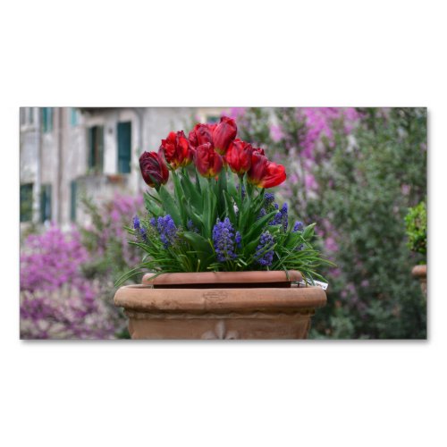 Red tulips and muscari business card magnet