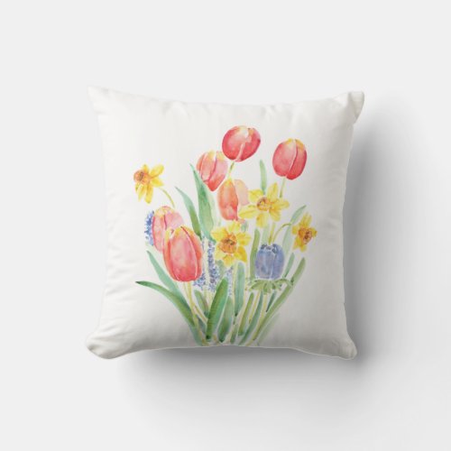 red tulips and yellow daffodils water throw pillow