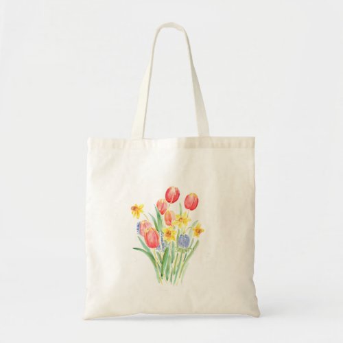 red tulips and yellow daffodils watercolor tote bag