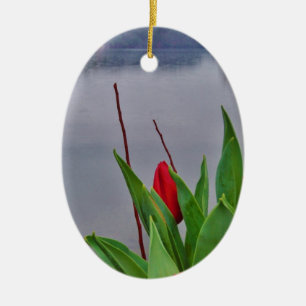 Red Tulips Blue Lake Arrowhead water Ceramic Ornament