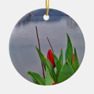 Red Tulips Blue Lake Arrowhead water Ceramic Ornament
