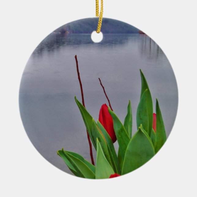 Red Tulips Blue Lake Arrowhead water Ceramic Ornament (Front)