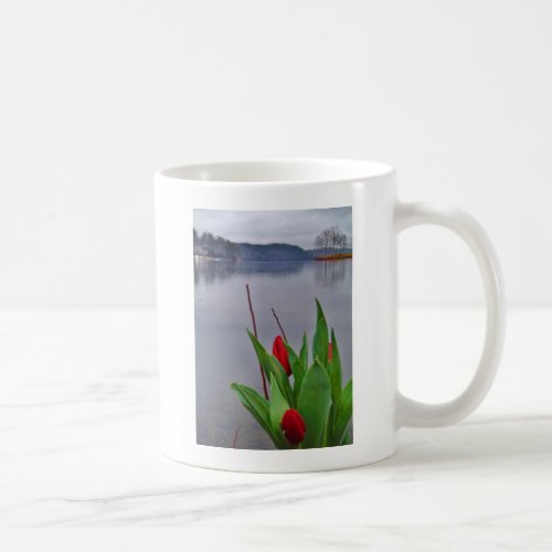 Red Tulips Blue Lake Arrowhead water Coffee Mug