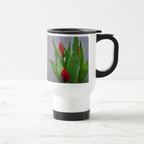 Red Tulips Blue Lake Arrowhead water Travel Mug