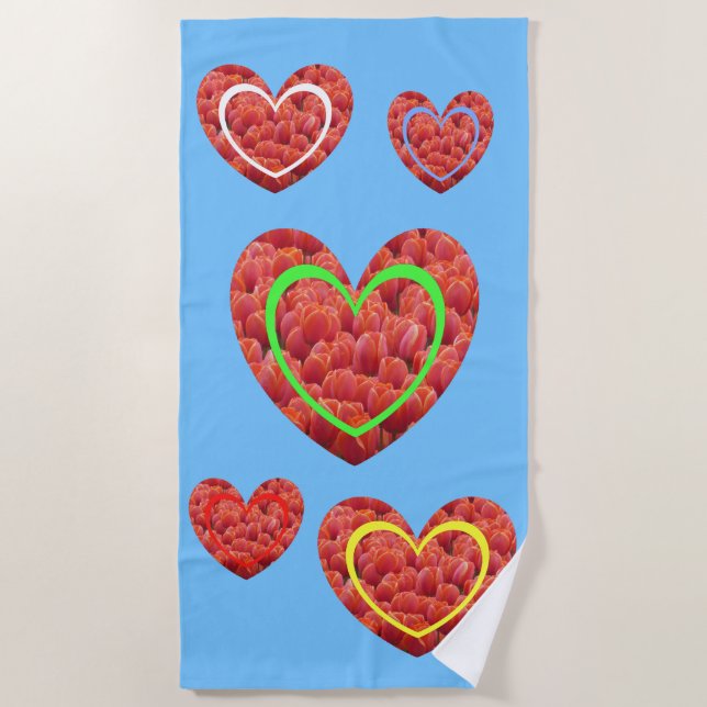 Red Tulips Colored Hearts Beach Towel (Front)