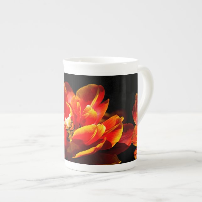 Red tulips dark background bone china mug (Front Right)