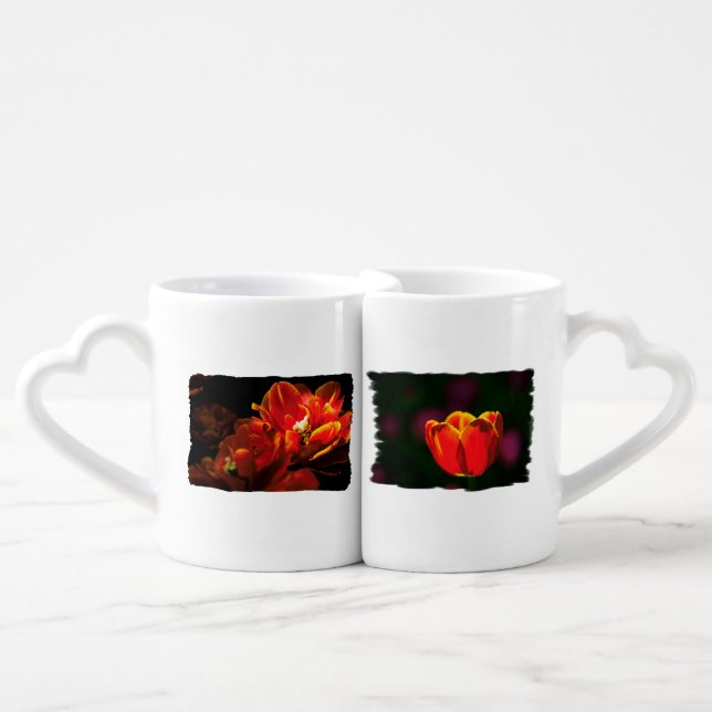 Red tulips dark background coffee mug set (Front Nesting)