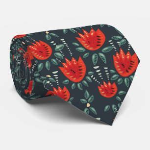 Red Tulips Decorative Abstract Dark Floral Pattern Neck Tie