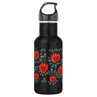 Red Tulips Decorative Abstract Dark Floral Pattern Stainless Steel Water Bottle