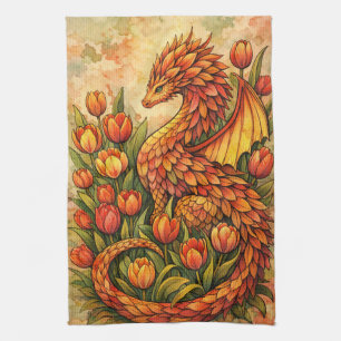 Red Tulips Dragon Spring Dragons Kitchen Towel