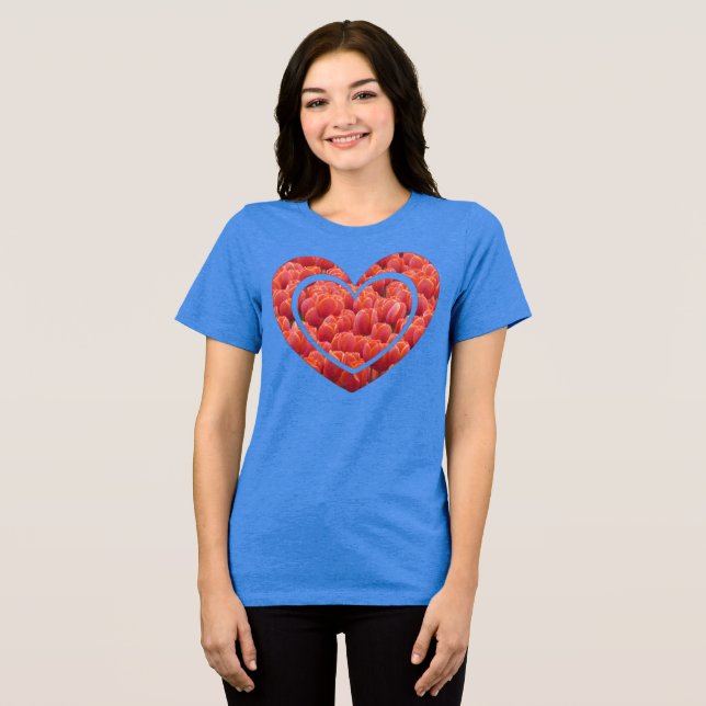 Red Tulips Field Heart Bella Canvas T-Shirt Tri-Blend Shirt (Front Full)