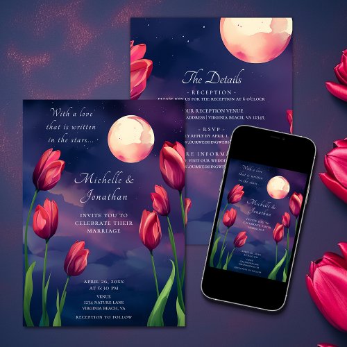 Red Tulips Full Moon and Stars All in One Wedding Invitation