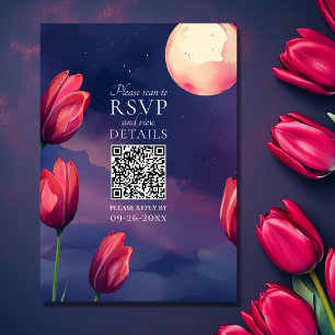 Red Tulips, Full Moon and Stars QR Code Wedding  RSVP Card