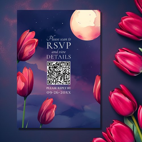 Red Tulips Full Moon and Stars QR Code Wedding  RSVP Card