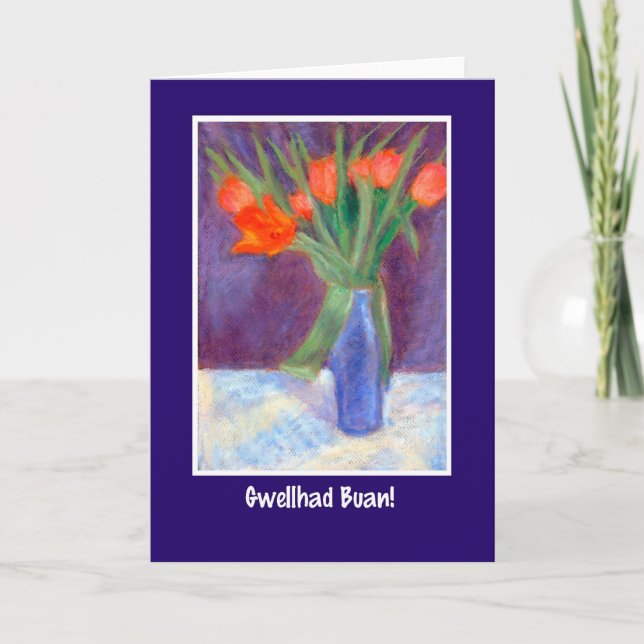 Red Tulips Get Well Card, Welsh Greeting Card (Front)