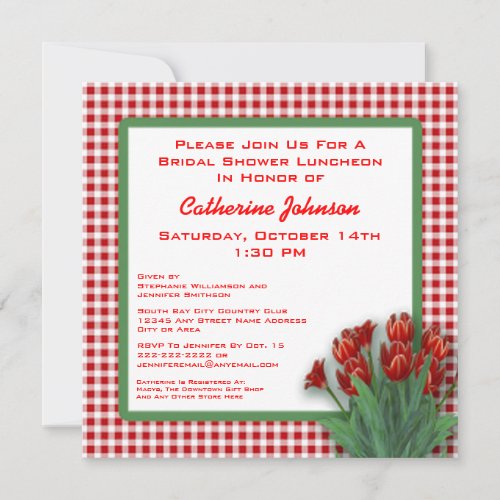 Red Tulips Gingham Checked Bridal Shower Luncheon Invitation